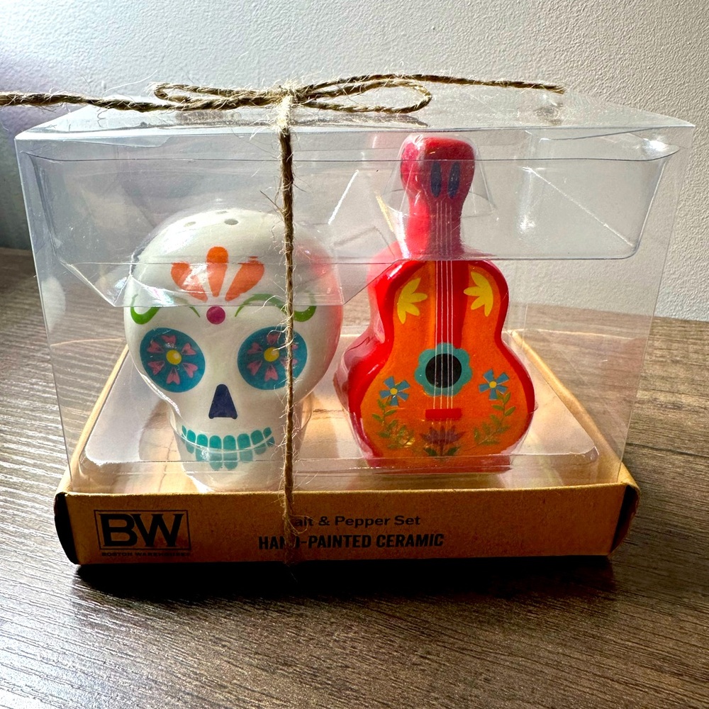 Hand Painted Ceramic Skull and Guitar Salt & Pepper Shaker Gift Set